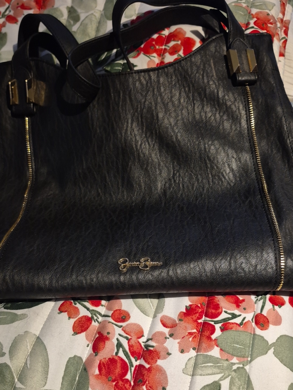 Jessica Simpson Black Leather Shoulder Tote with Gold-Tone Accents